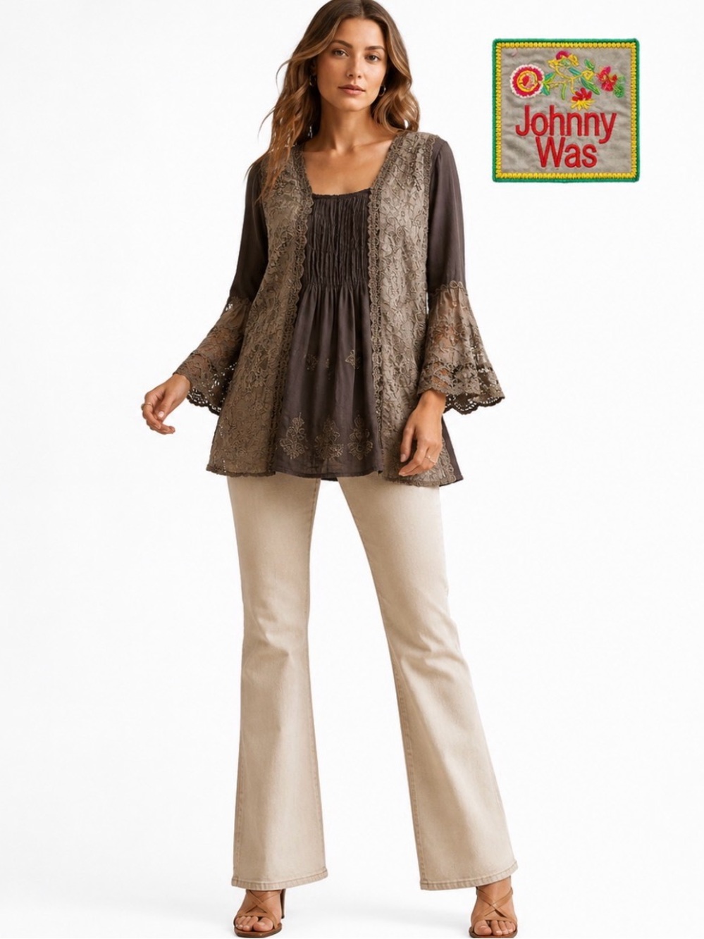 Johnny Was Embroidered Lace Boho Tunic Top Pewter Gray Rayon Festival Artisan L